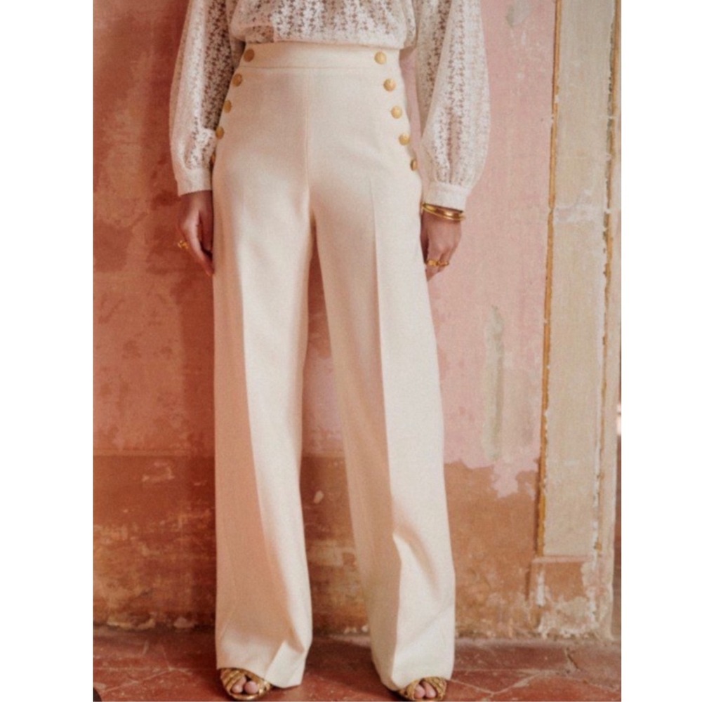 Sezane Women's Marino Trousers Ecru Cotton Linen Wide Leg Sailor Pants Retro 12